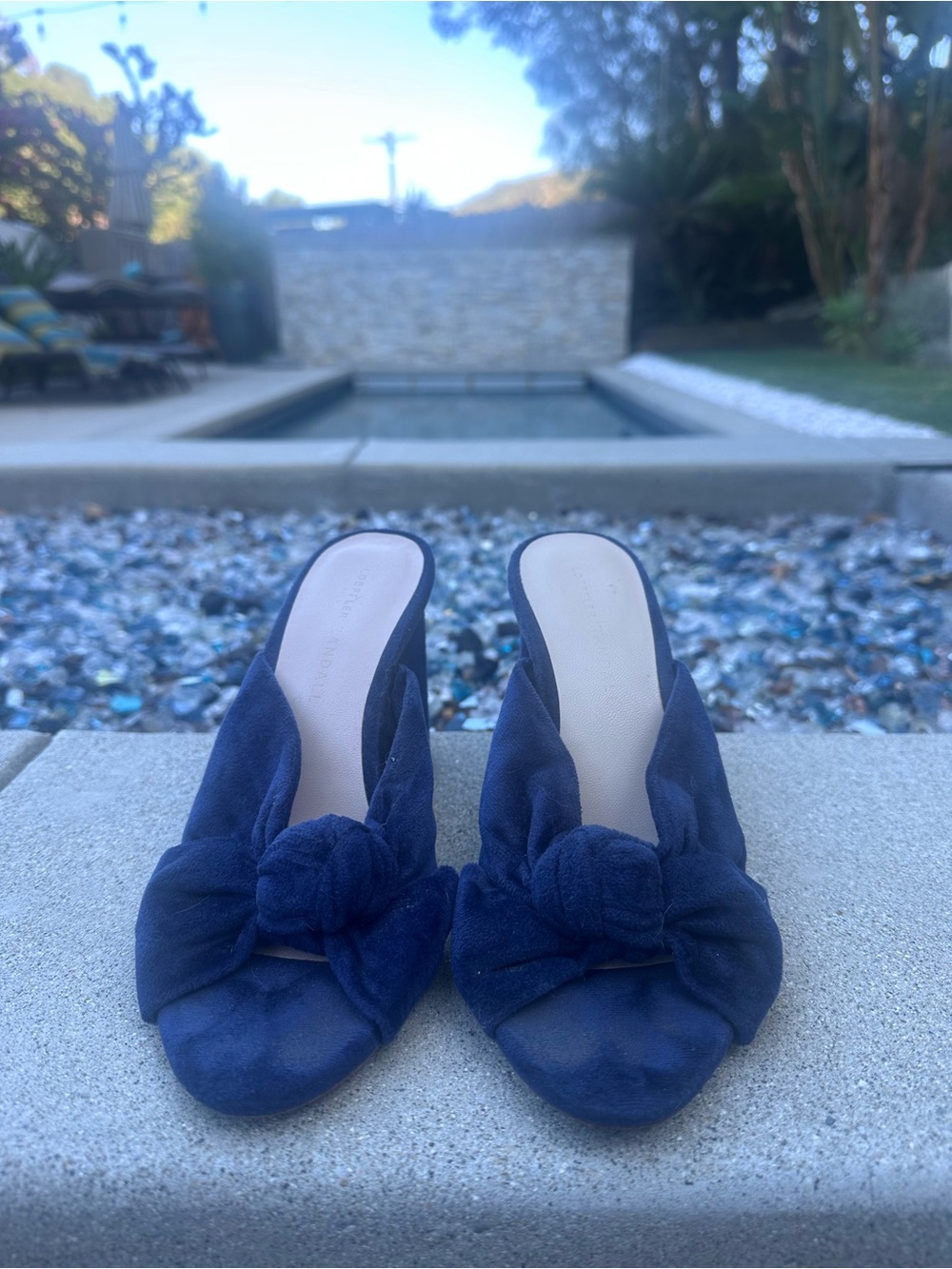 Loeffler Randall Navy Suede Knotted Bow Block Heel Mules Size 6.5